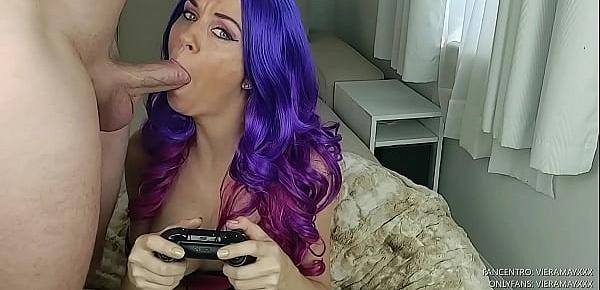  Stepsister Gives Annoying Brother a Blowjob While Gaming- Cosplay